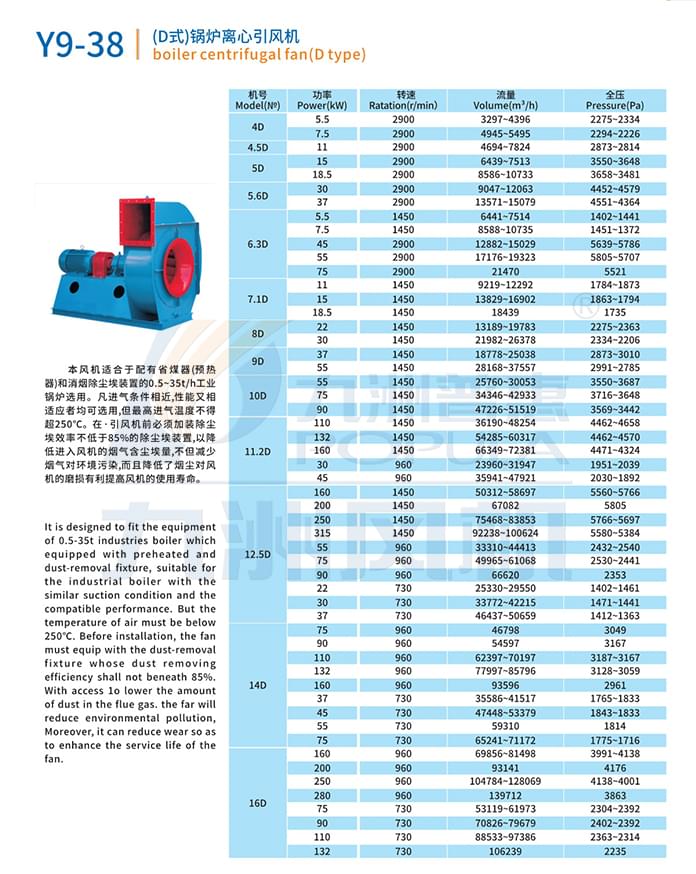 九洲Y9-38(D式)鍋爐離心引風(fēng)機(jī)參數(shù)